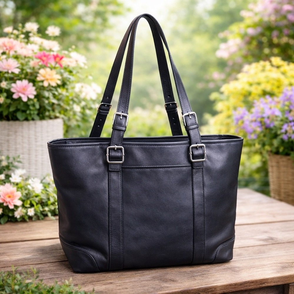 Coach Hampton Black Leather Tote Bag Buckle Straps 9213 - Picture 2 of 10